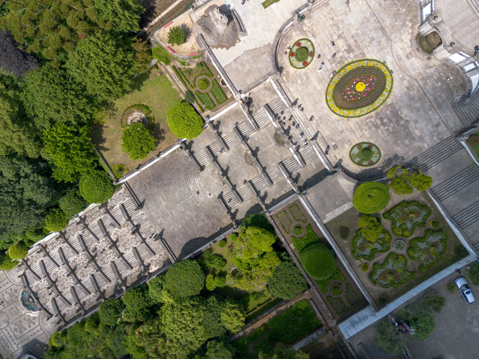 Aerial view of the staircase and gardens of Bom Jesus do Monte in Braga